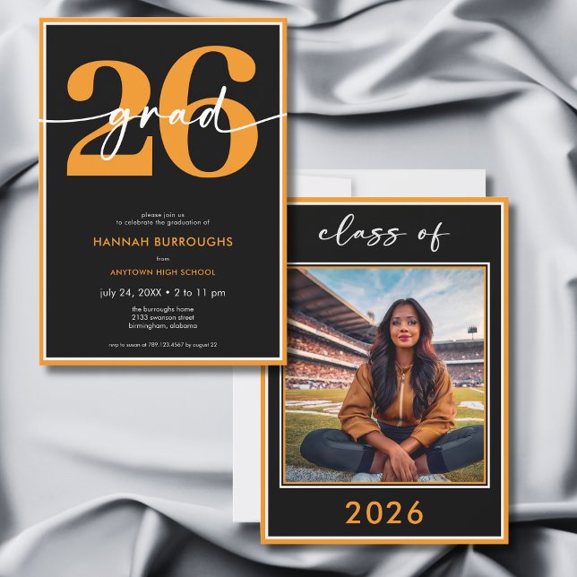 Modern Minimal Orange Script Graduation Party Einladung (Modern Minimal Orange Script Graduation Party Invitation)