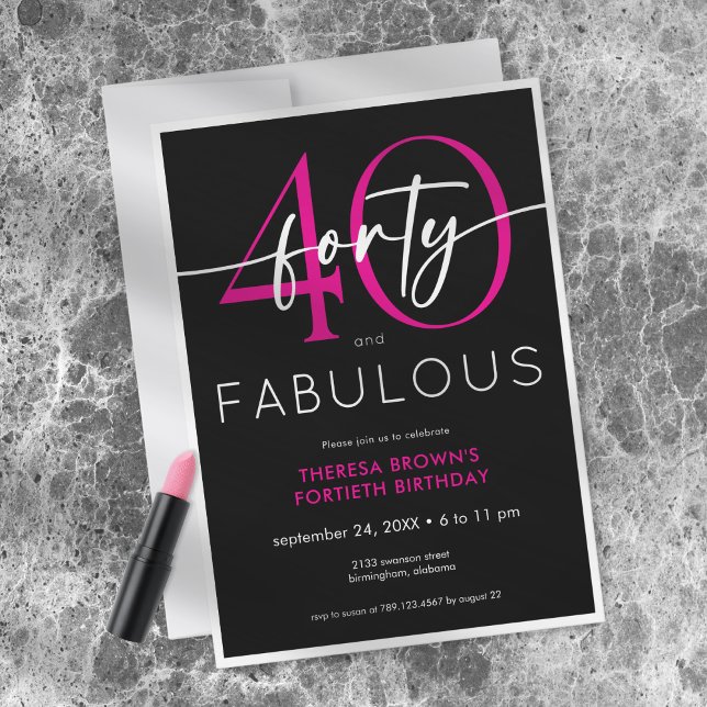 Modern Minimal Pink Forty Fabulous Script Birthday Einladung (Modern Minimal Pink Forty Fabulous Script Birthday Invitation)