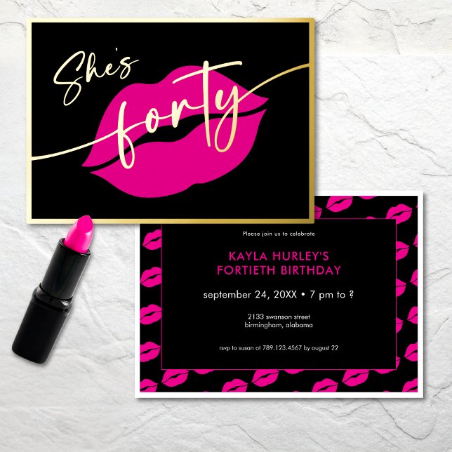Modern Minimal Pink Lips She's Forty Birthday Folieneinladung (Modern Minimal Pink Lips She's Fifty Birthday Foil Invitation)