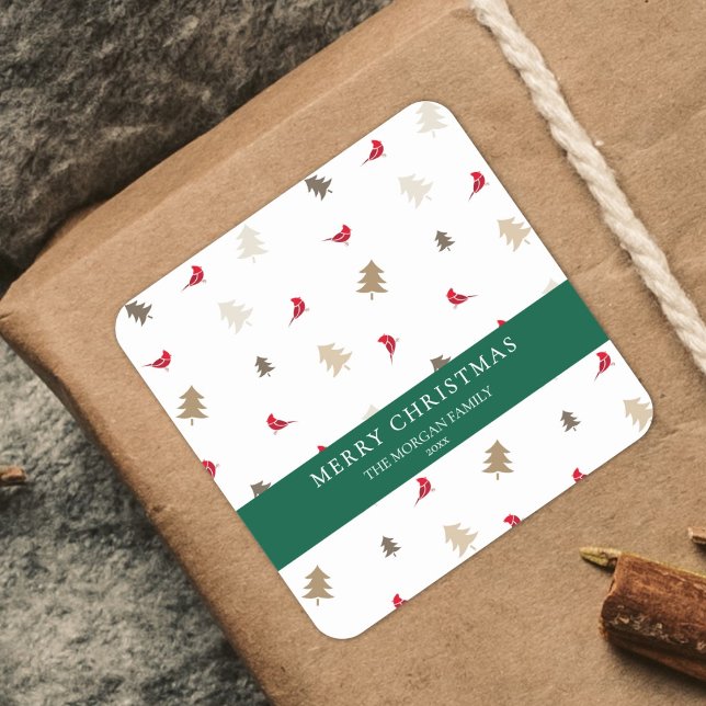 Modern Minimal Red Cardinal Christmas Tree Pattern Quadratischer Aufkleber (Von Creator hochgeladen)