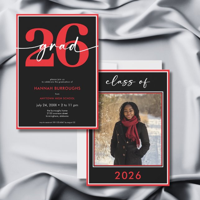 Modern Minimal Red Script Graduation Party Einladung (Modern Minimal Red Script Graduation Party Invitation)