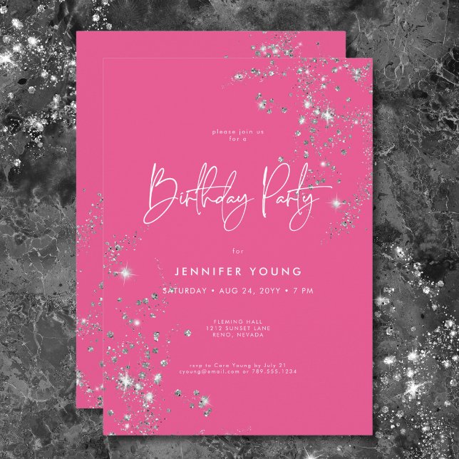 Modern Minimal rosa weißes Glam Diamonds Geburtsta Einladung (Modern Minimal Pink White Glam Diamonds Birthday Invitation)