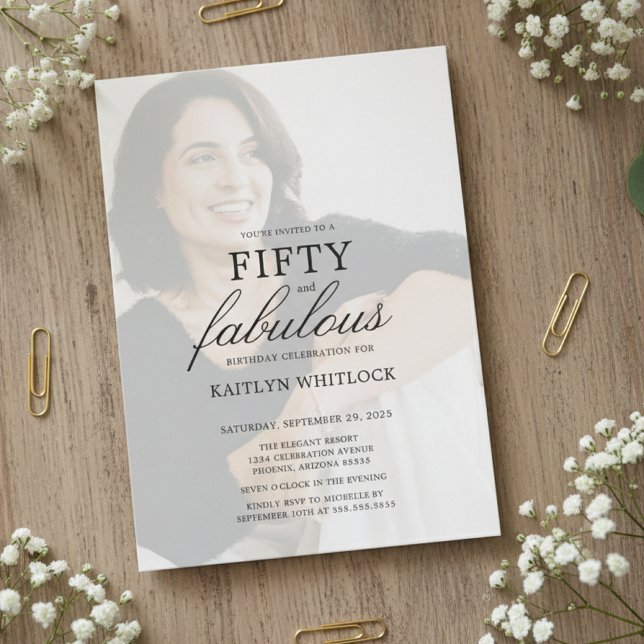 Modern Minimal Script 50th Birthday Party Einladung (modern elegant fifty and fabulous 50th birthday party invitation with full photo for nifty 50 party)