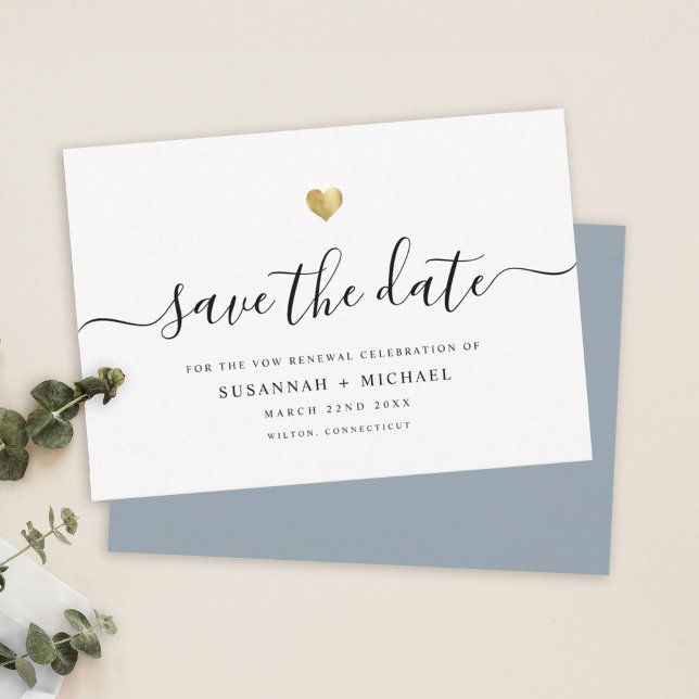 Modern Minimal Script Gold Vow Renewal Dusty Blue Save The Date (Von Creator hochgeladen)