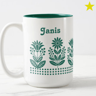 Modern Minimal Teal Folk Art Flowers Custom Name Zweifarbige Tasse