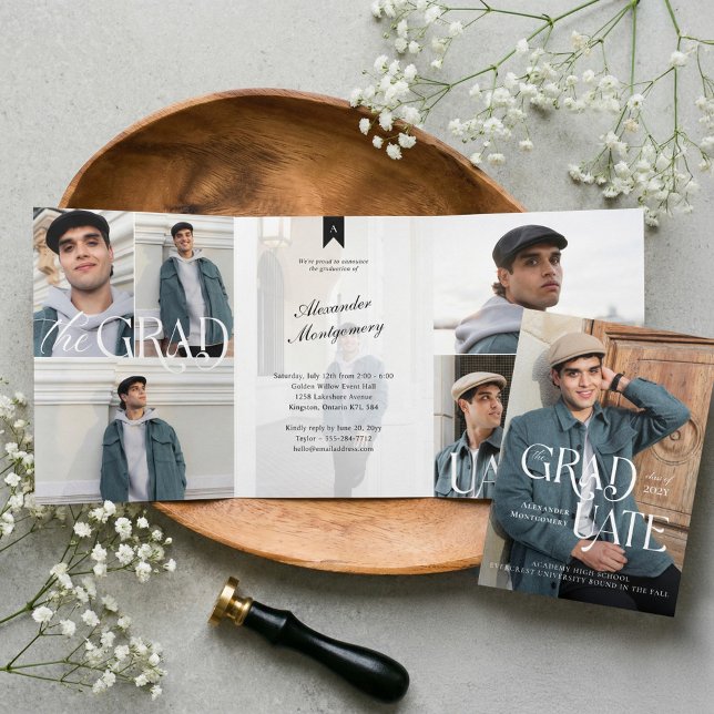 Modern Minimal Trendy Grad Photo Collage Graduate Dreifach Gefaltete Einladung (Modern Minimal Trendy Grad Photo Collage Graduate Tri-Fold Invitation)