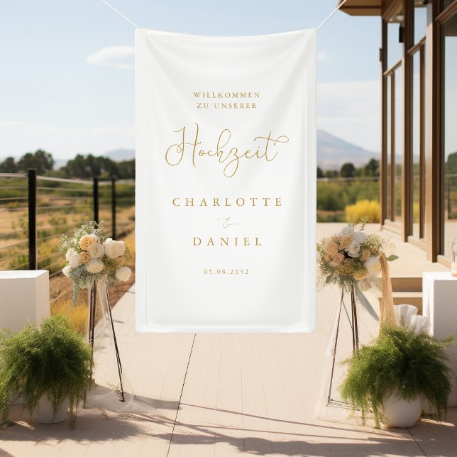 Modern, minimal, weißer "Willkommen" Hochzeit Banner (Modern, minimal, white "welcome" wedding banner with your name & date.)