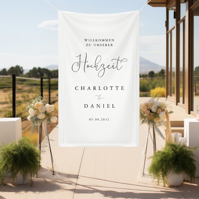 Modern, minimal, weißer "Willkommen" Hochzeit Banner (Modern, minimal, white "welcome" wedding banner with your name & date.)