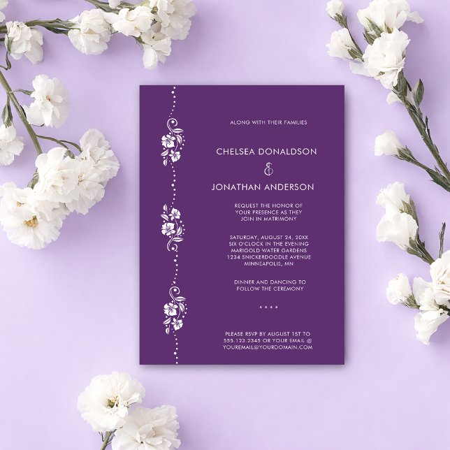 Modern Minimal White Floral Dark Purple Wedding Ankündigung (Von Creator hochgeladen)