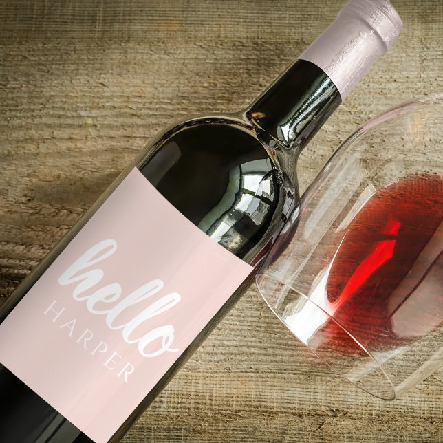 Modern minimale Pastel Pink Hallo und Sie nennen Weinetikett (Von Creator hochgeladen)