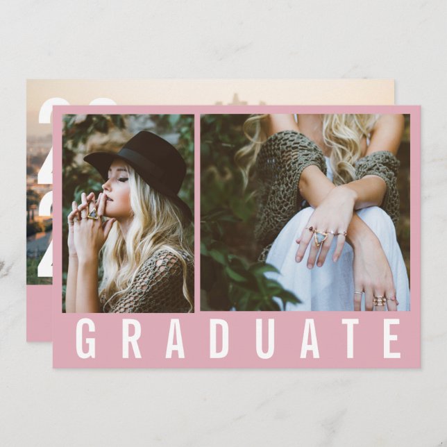 Modern minimaler 3 Foto Abschluss einfach rosa Ankündigung (Vorne/Hinten)