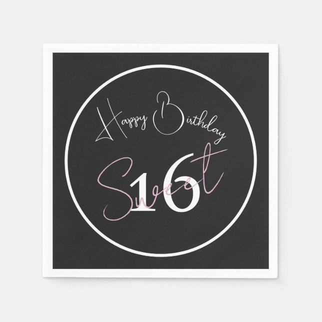Modern Minimalist 16th Black White Pink Birthday Serviette (Vorderseite)