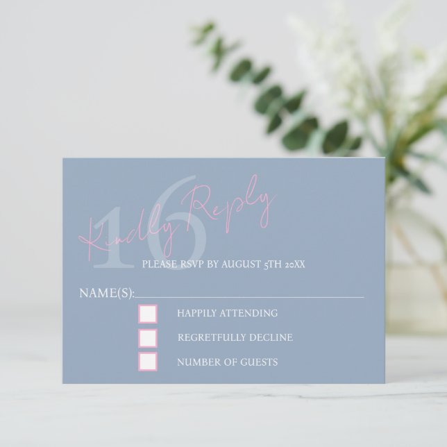 Modern Minimalist 16th RSVP Pink Blue Birthday Karte (Stehend Vorderseite)