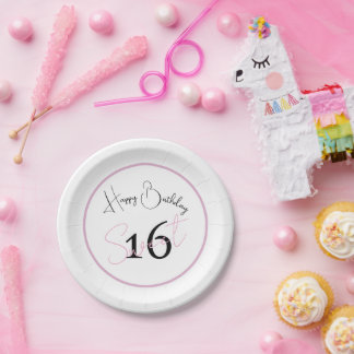 Modern Minimalist 16th White Black Pink Birthday Pappteller