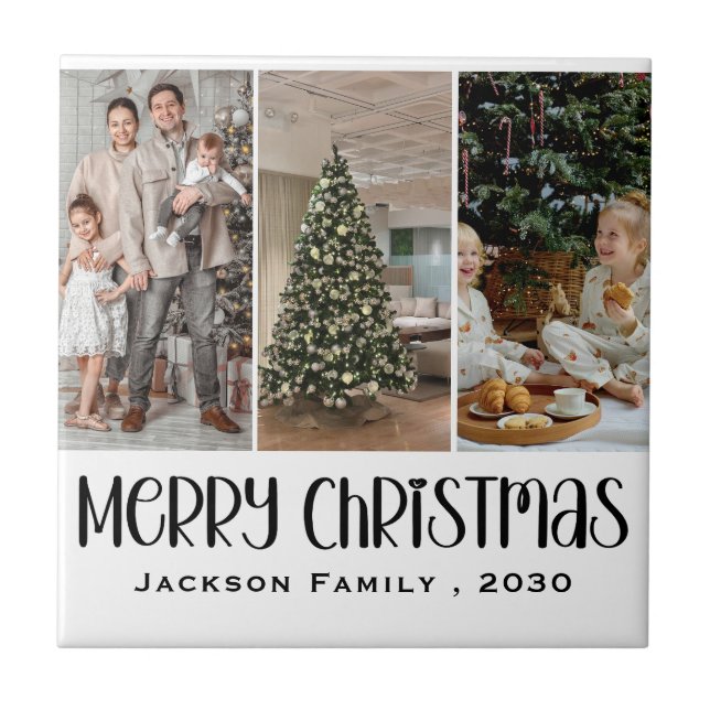 Modern Minimalist 4 Photo Collage Family Name Year Fliese (Vorderseite)