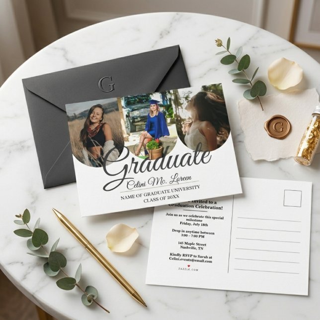 Modern Minimalist Arch Calligraphy Photo Graduatio Einladungspostkarte (Modern Minimalist Arch Calligraphy 3-Photo Graduation Announcement Postcard)