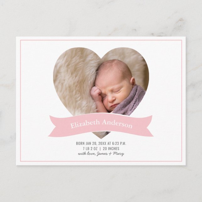 Modern Minimalist Baby Girl Photo Pink Birth Ankündigungspostkarte (Vorderseite)