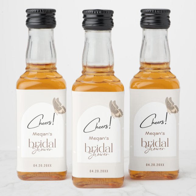Modern Minimalist Beige Butterfly Bridal Shower Alkoholflaschenetikett (Flaschen)
