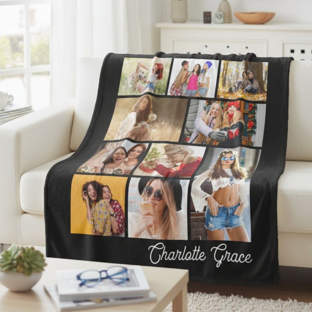 Modern Minimalist Black 10 Photo Collage With Name Fleecedecke (Von Creator hochgeladen)