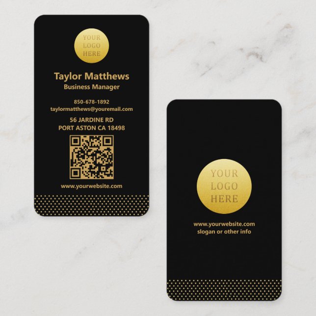 Modern Minimalist Black and Gold Dots QR Code Visitenkarte (Vorne/Hinten)