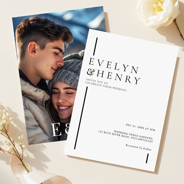 Modern Minimalist Black Line Photo Wedding Einladung (Von Creator hochgeladen)