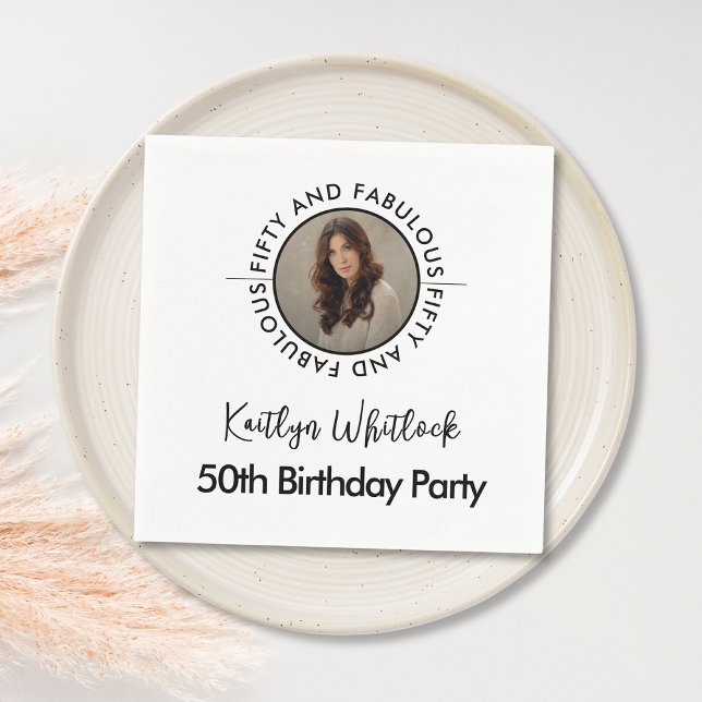 Modern Minimalist Black White Fifty and Fabulous Serviette (black and white fifty and fabulous 50th birthday party napkins modern minimalist elegant script font)
