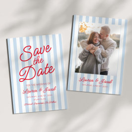 Modern Minimalist Blue and Red Stripes Wedding Save The Date