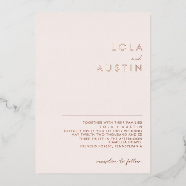 Modern Minimalist Blush And Rose Gold Wedding Real Folieneinladung (Vorderseite)