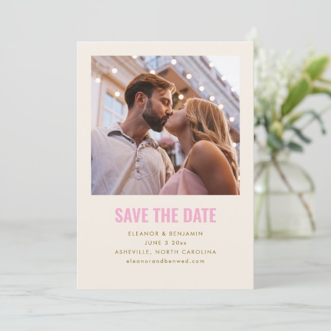 Modern Minimalist Blush Pink Gold Photo Wedding Save The Date (Stehend Vorderseite)
