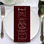 Modern Minimalist Burgundy Monogram Wedding Menükarte<br><div class="desc">Elevate your reception table setting with the Modern Minimalist Burgundy Monogram Wedding Menu, a beautifully designed piece that blends refined elegance with clear and stylish presentation. This wedding menu features a rich burgundy color palette paired with clean minimalist typography and a sophisticated monogram that adds a personal and timeless touch...</div>