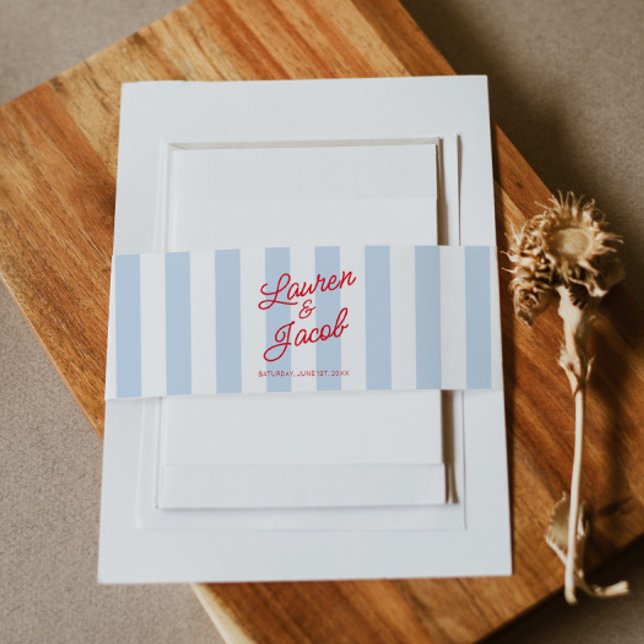 Modern Minimalist Coastal Red Blue Stripes Wedding Einladungsbanderole (Von Creator hochgeladen)