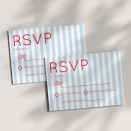 Modern Minimalist Coastal Red Blue Stripes Wedding RSVP Karte