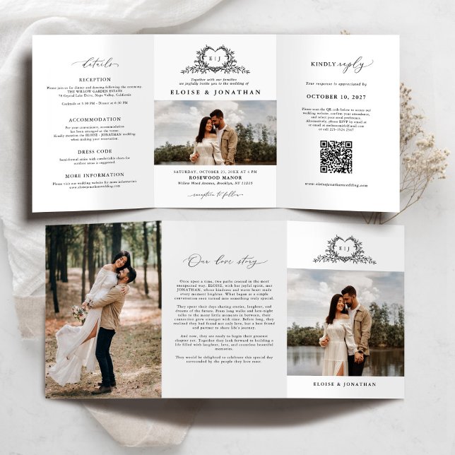 Modern Minimalist Crest monogram Wedding Invite Dreifach-gefaltete Programmkarte (Modern Minimalist Crest monogram QR code photo Wedding Invite)