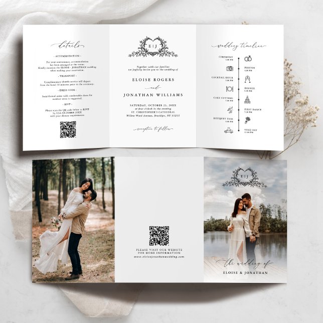 Modern Minimalist Crest monogram Wedding Invite Dreifach-gefaltete Programmkarte (Modern Minimalist Crest monogram tri fold photo Wedding Invite / announcement with QR code timeline)