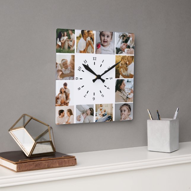 Modern Minimalist  Custom Photo Collage Family Quadratische Wanduhr (Büro)