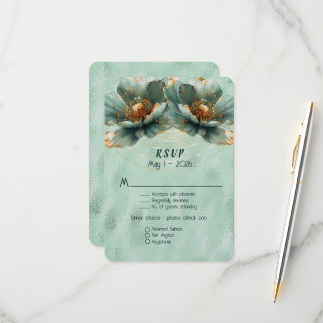 Modern Minimalist Emerald and Gold Wedding RSVP Karte (Vorderseite/Rückseite Beispiel)