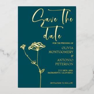 Modern Minimalist Floral Teal Save the date Folieneinladung