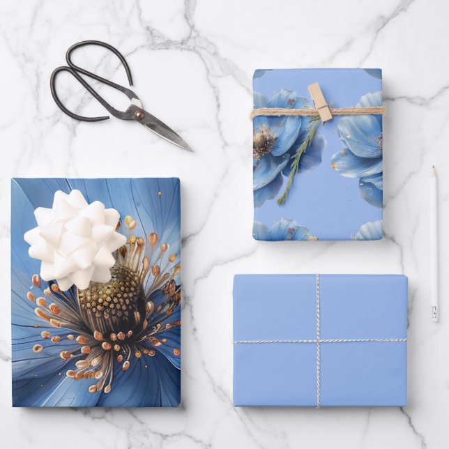 Modern Minimalist Gold and Blue Poppy  Geschenkpapier Set (Vorderseite)