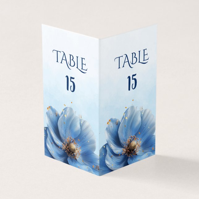Modern Minimalist Gold and Blue Poppy Table Number (Vorderseite)