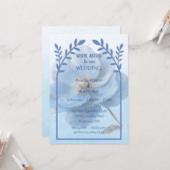 Modern Minimalist Gold and Blue Poppy Wedding   Einladung (Vorderseite/Rückseite Beispiel)