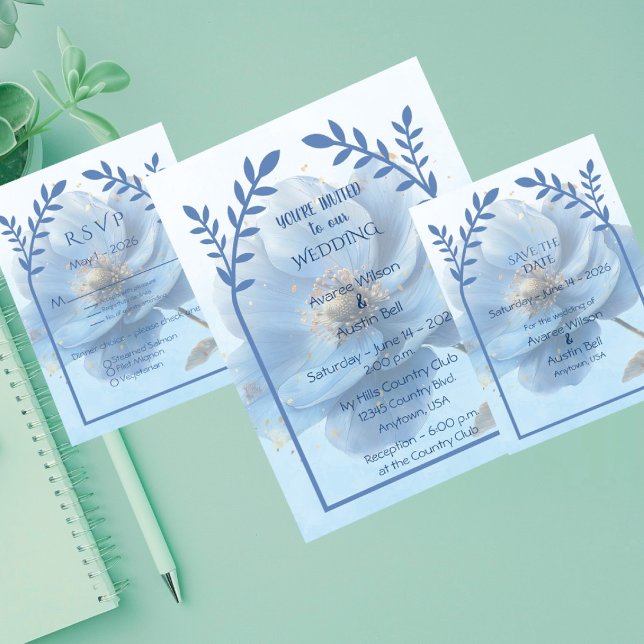 Modern Minimalist Gold and Blue Poppy Wedding   Einladung (Von Creator hochgeladen)