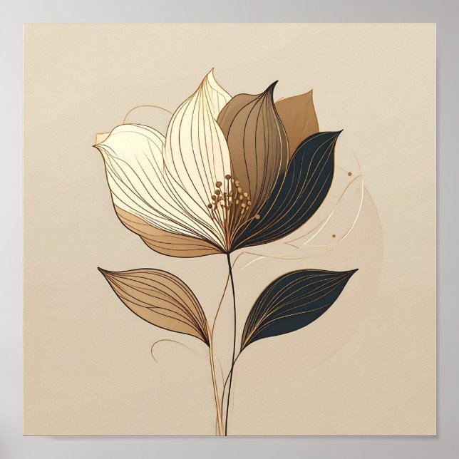 Modern Minimalist Gold & Black Botanical Floral Li Poster (Vorne)