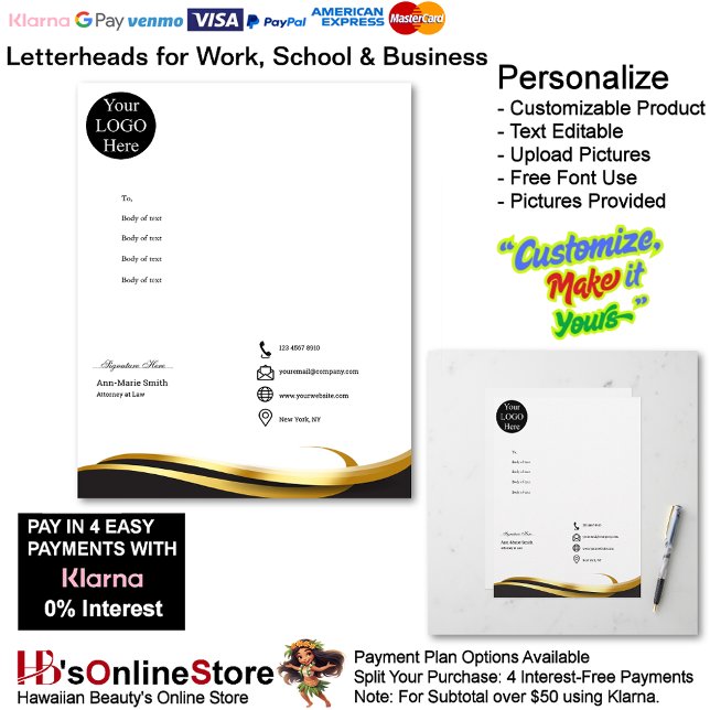 Modern Minimalist Gold Black White Signature Briefbogen (Modern Minimalist Gold Black White Signature Letterhead.)