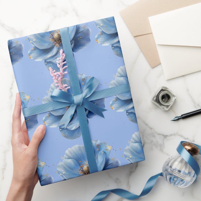 Modern minimalist Gold- und Blaue Mohnblume  Geschenkpapier (Schenken)