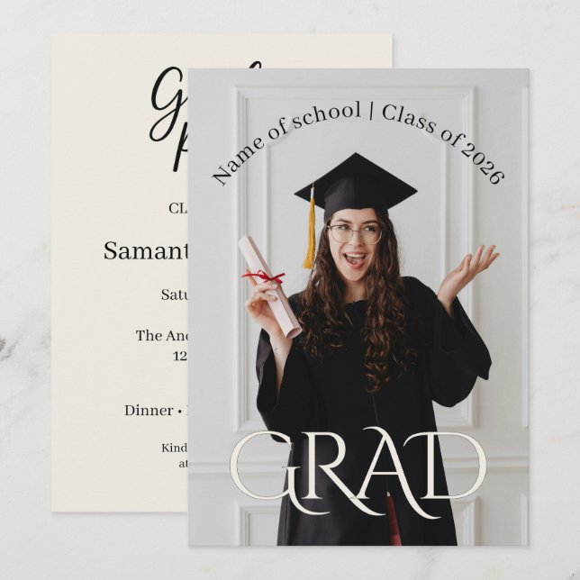 Modern Minimalist Grad | Elegant Photo Grad Party Einladung (Vorne/Hinten)