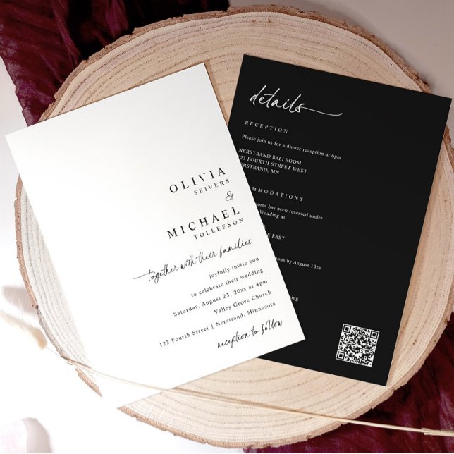 Modern Minimalist Handwriting All in One Wedding Einladung (Minimalist black and white wedding invitation with handwritten script & QR code on back.)