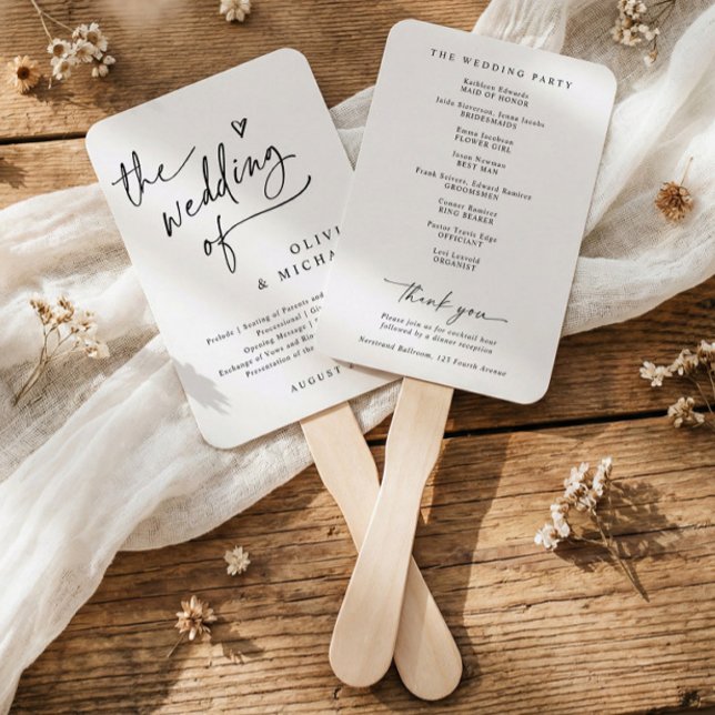 Modern Minimalist Heart Elegant Wedding Programs Fächer (Modern black and white wedding program fan with fun script, clean typography, and minimalist layout)