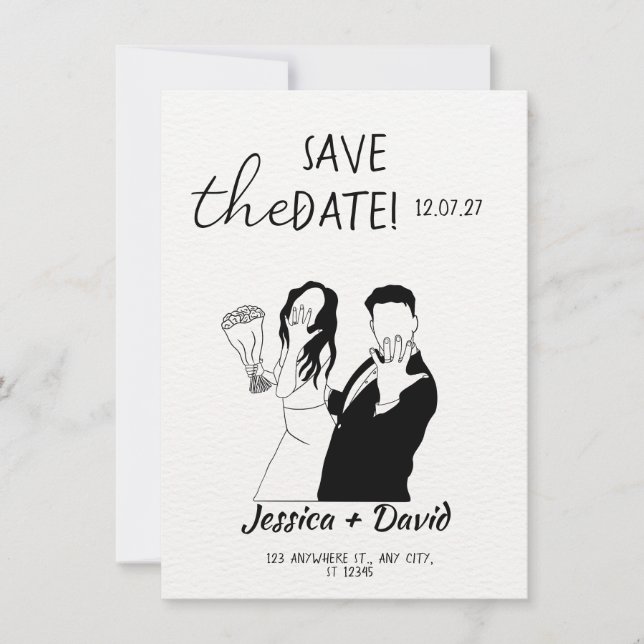 Modern Minimalist Line Art Bride and Groom Wedding Einladung (Vorderseite)