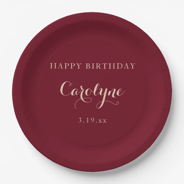 Modern Minimalist Maroon Birthday  Pappteller (Vorderseite)