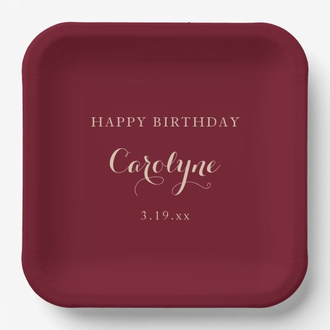 Modern Minimalist Maroon Birthday  Pappteller (Vorderseite)